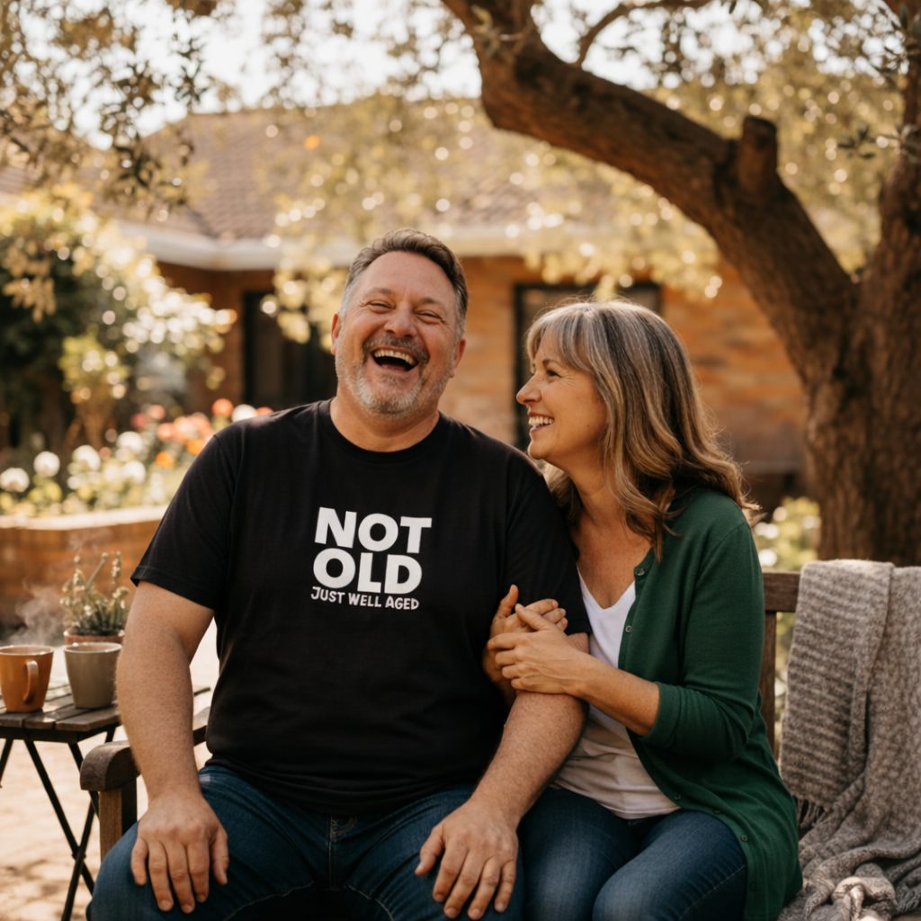 Man and woman sitting together outdoors, man wearing a 'Not Old Just Well-aged' shirt.