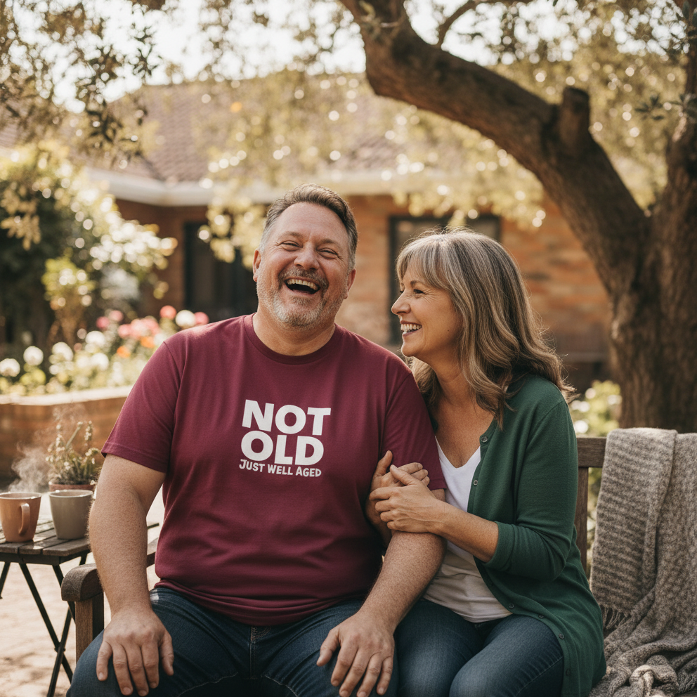 Man wearing a 'Not Old Just Well Aged' shirt sitting with a woman outdoors.