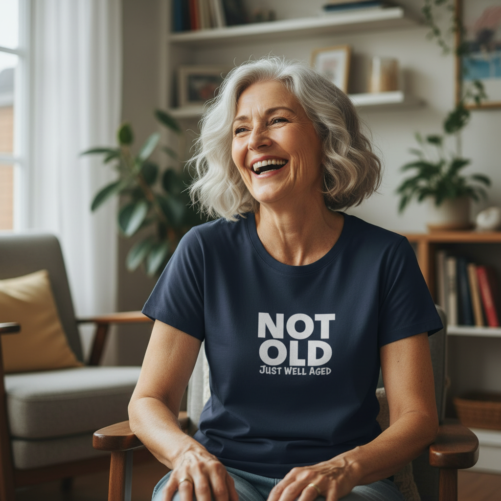 Woman wearing a navy blue t-shirt with 'NOT OLD JUST WELL AGED' text, sitting in a cozy living room.