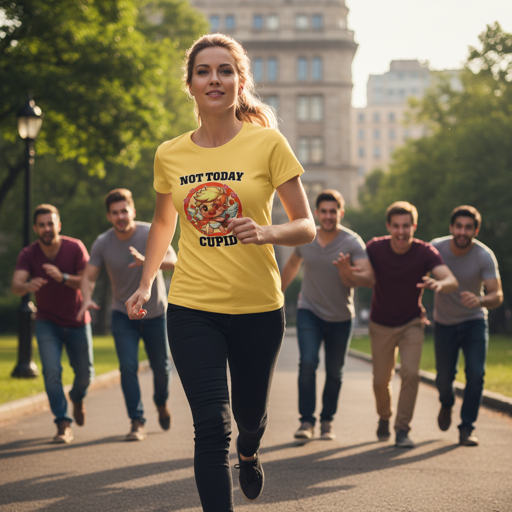 Woman running with a 'Not Today Cupid' shirt in a park setting