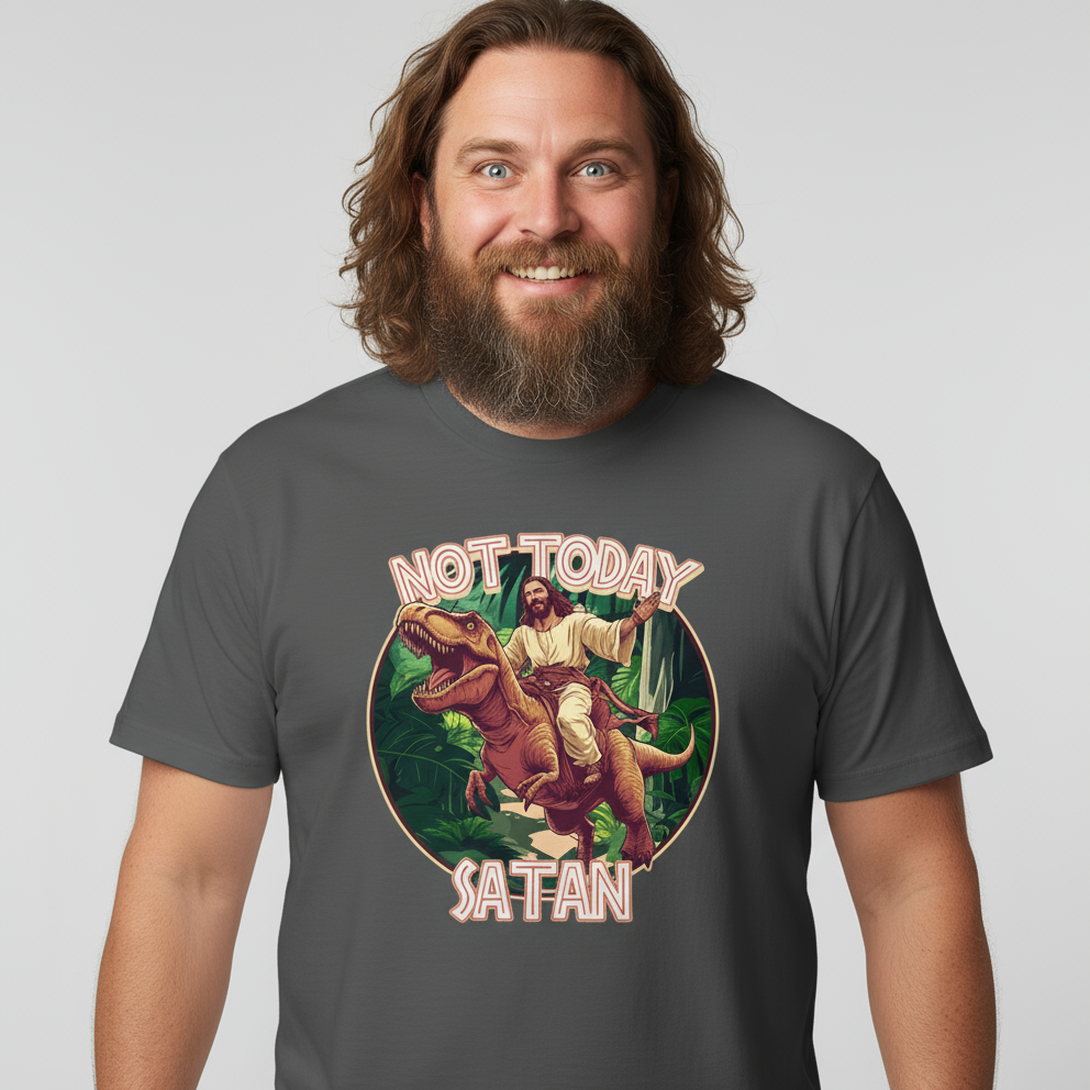 Man wearing a t-shirt with a graphic of Jesus riding a dinosaur and 'Not Today Satan' text on a plain background.