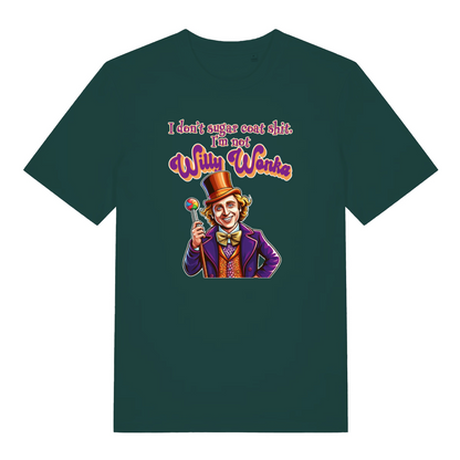 green funny grapic t-shirt with a cartoon will wonka graphic and the slogan 'i don't sugar coat shit, i'm not willy wonka'
