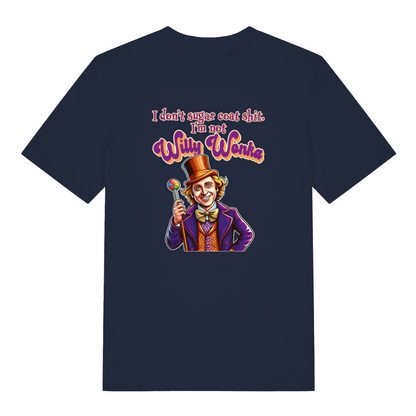 navy funny grapic t-shirt with a cartoon will wonka graphic and the slogan 'i don't sugar coat shit, i'm not willy wonka'