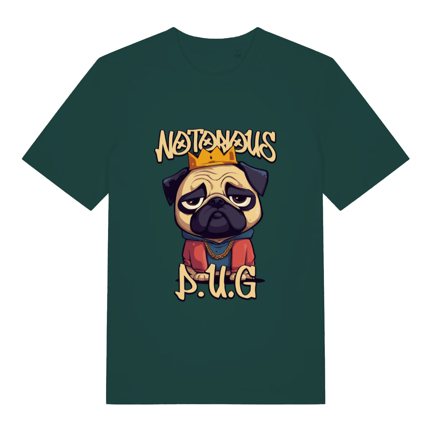 green funny animal t-shirt with a pug graphic and 'Notorious P.U.G.'