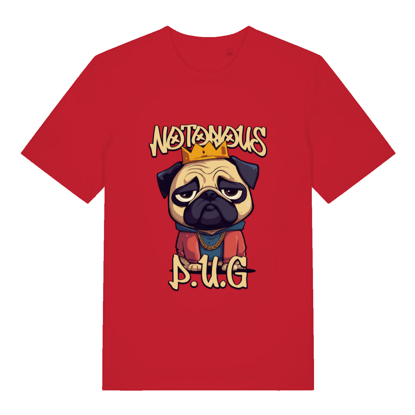 red funny animal t-shirt with a pug graphic and 'Notorious P.U.G.'