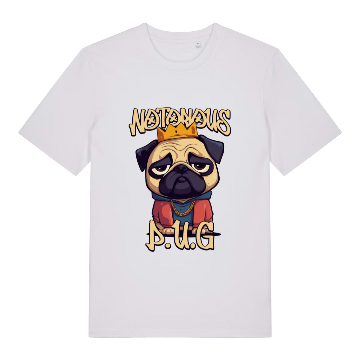 white funny animal t-shirt with a pug graphic and 'Notorious P.U.G.'
