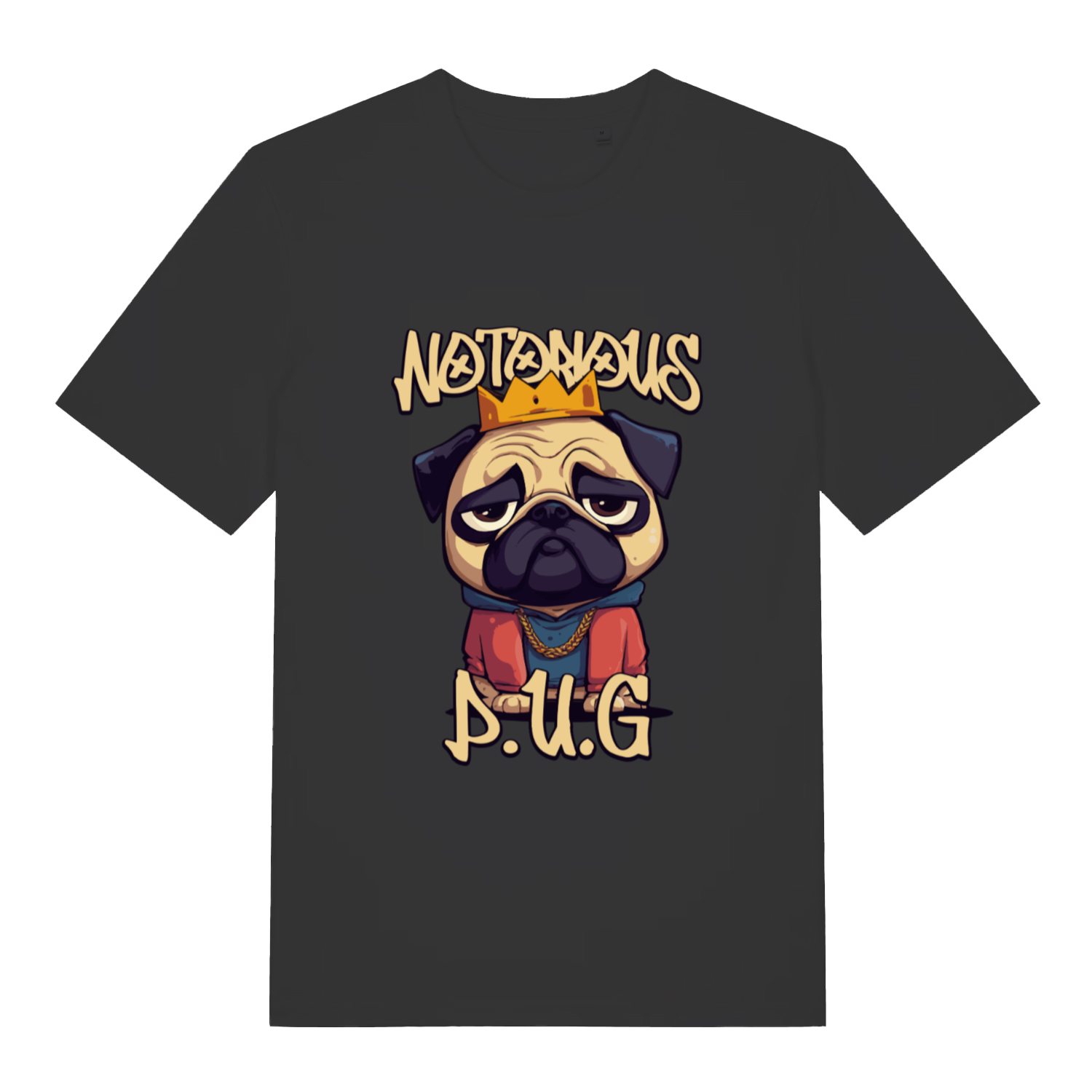 black women's funny animal t-shirt with the graphic of a pug and the slogan 'notorious pug'
