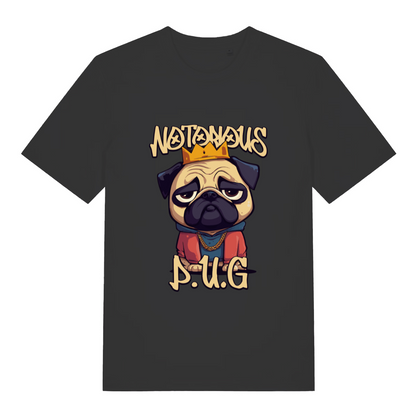 black women's funny animal t-shirt with the graphic of a pug and the slogan 'notorious pug'