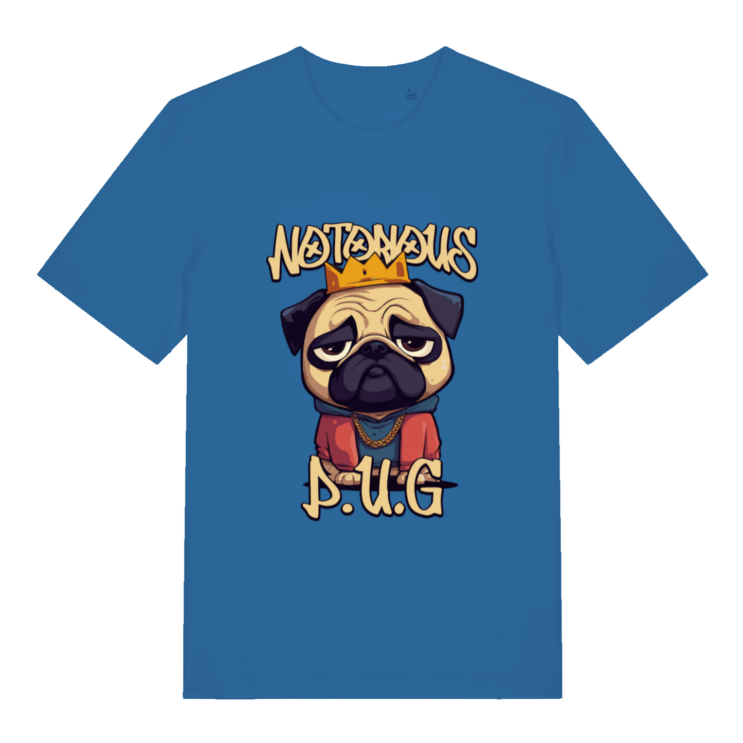 blue women's funny animal t-shirt with the graphic of a pug and the slogan 'notorious pug'