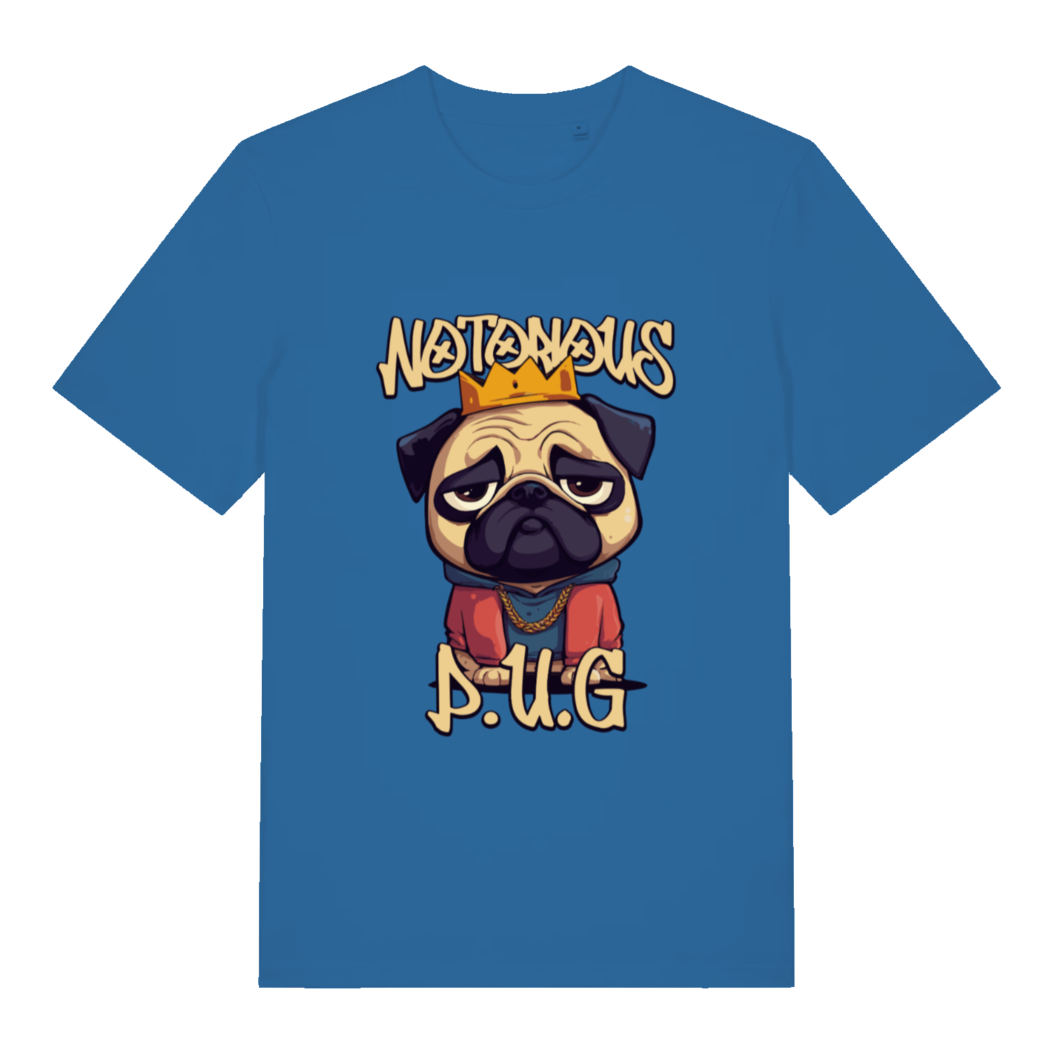 blue women's funny animal t-shirt with the graphic of a pug and the slogan 'notorious pug'