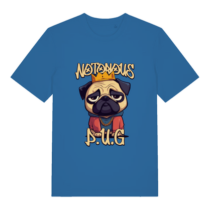 blue women's funny animal t-shirt with the graphic of a pug and the slogan 'notorious pug'