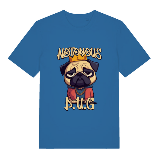 blue women's funny animal t-shirt with the graphic of a pug and the slogan 'notorious pug'