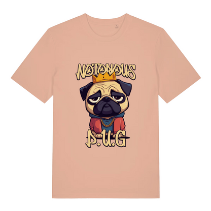 peach women's funny animal t-shirt with the graphic of a pug and the slogan 'notorious pug'