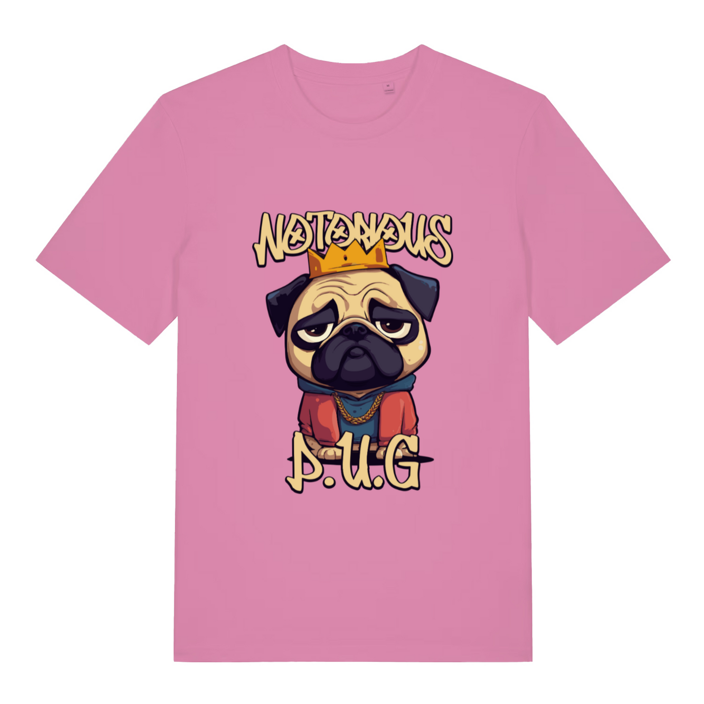 pink women's funny animal t-shirt with the graphic of a pug and the slogan 'notorious pug'