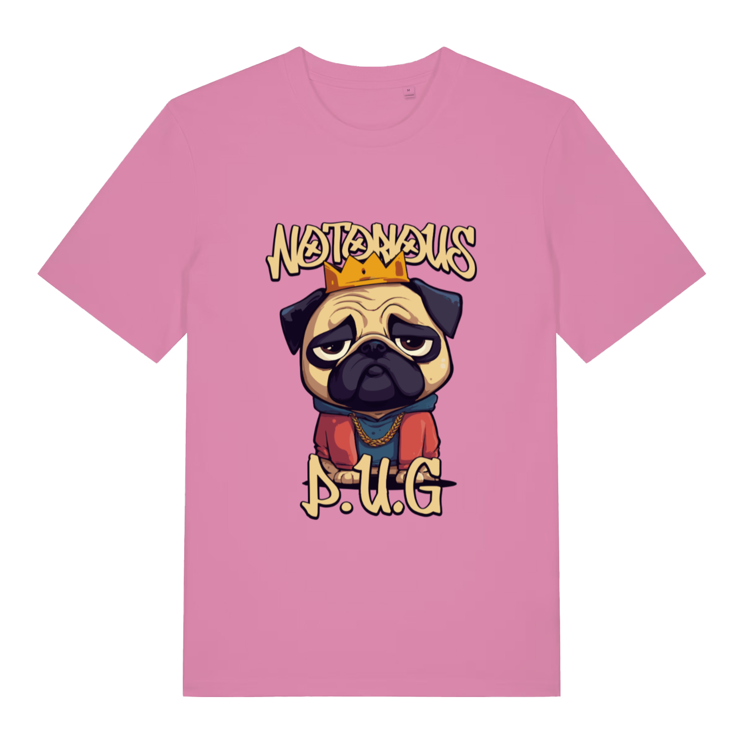 pink women's funny animal t-shirt with the graphic of a pug and the slogan 'notorious pug'
