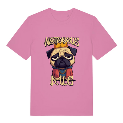 pink women's funny animal t-shirt with the graphic of a pug and the slogan 'notorious pug'