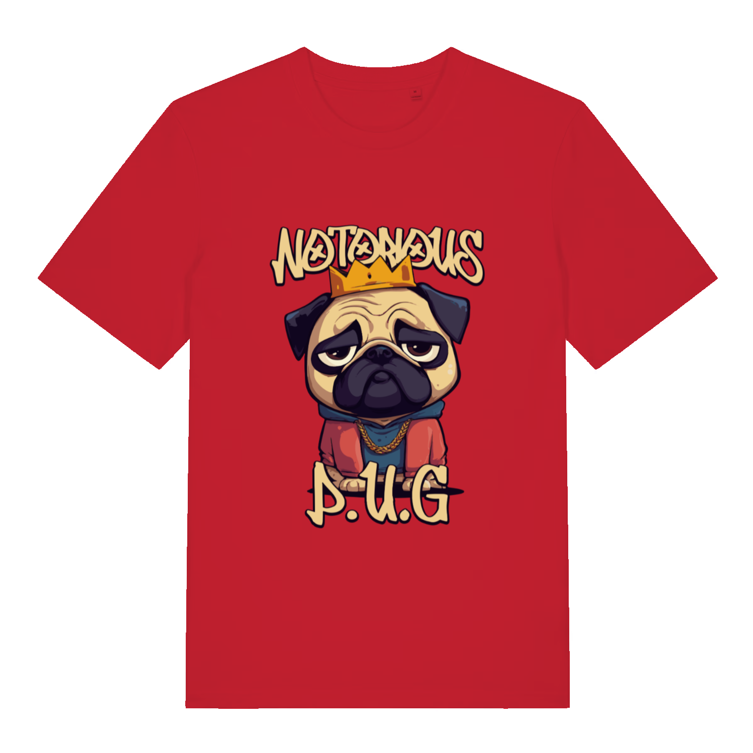 red women's funny animal t-shirt with the graphic of a pug and the slogan 'notorious pug'