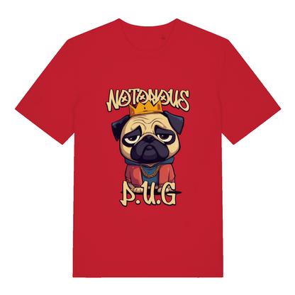red women's funny animal t-shirt with the graphic of a pug and the slogan 'notorious pug'