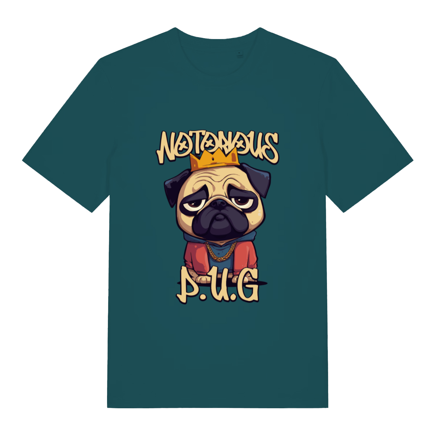teal women's funny animal t-shirt with the graphic of a pug and the slogan 'notorious pug'
