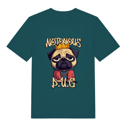 teal women's funny animal t-shirt with the graphic of a pug and the slogan 'notorious pug'