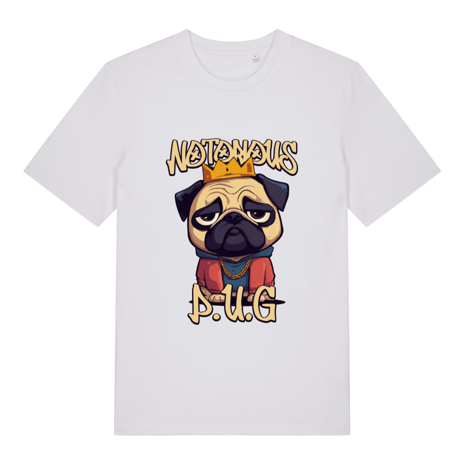 white women's funny animal t-shirt with the graphic of a pug and the slogan 'notorious pug'
