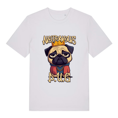 white women's funny animal t-shirt with the graphic of a pug and the slogan 'notorious pug'