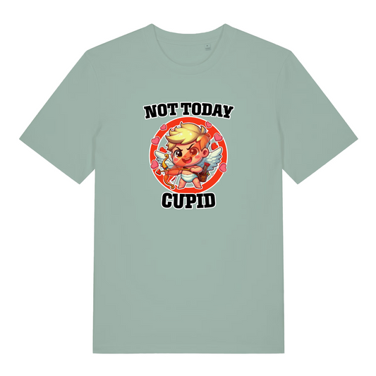 green funny graphic t-shirt with a cartoon cupid and the slogan 'not today cupid'