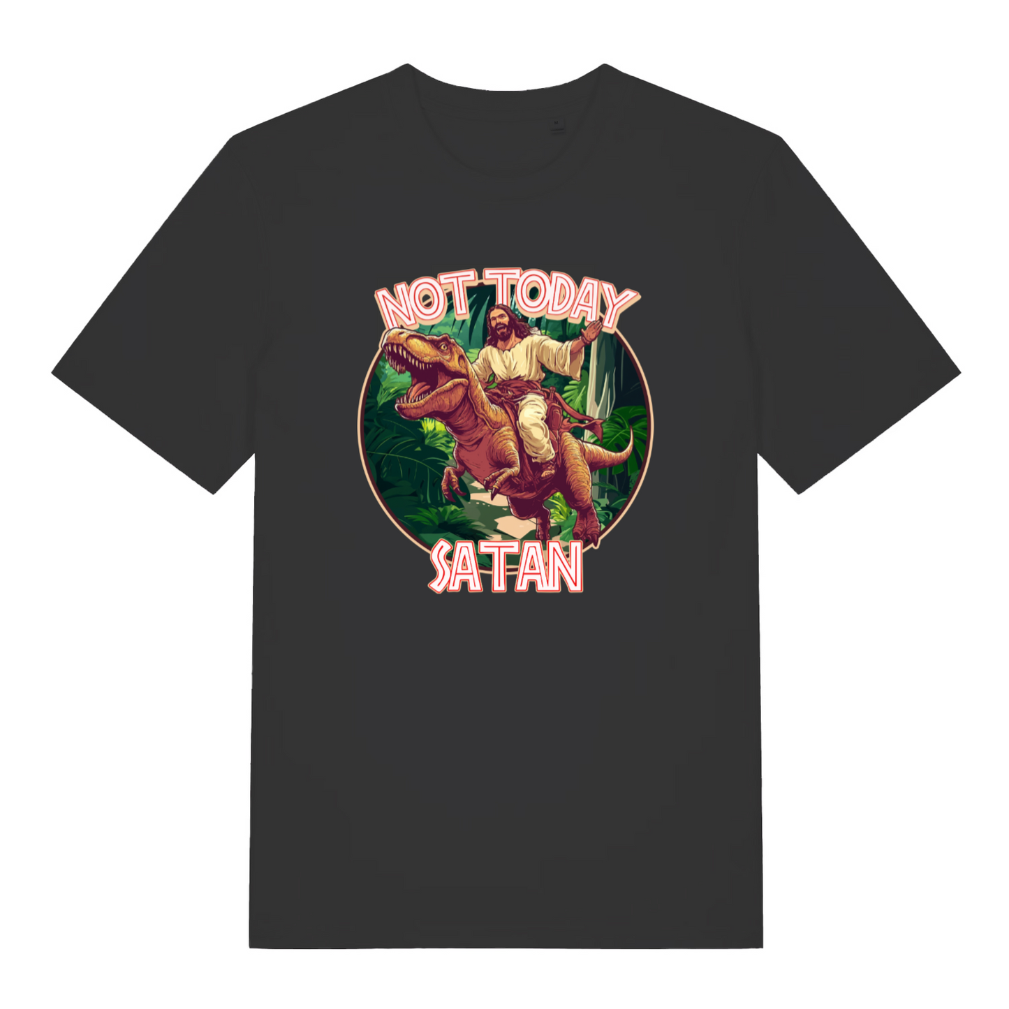 black funny jesus t-shirt with the graphic of jesus riding a t-rex and the slogan 'not today satan'