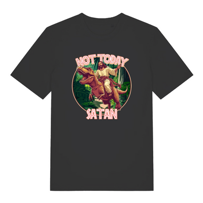 black funny jesus t-shirt with the graphic of jesus riding a t-rex and the slogan 'not today satan'