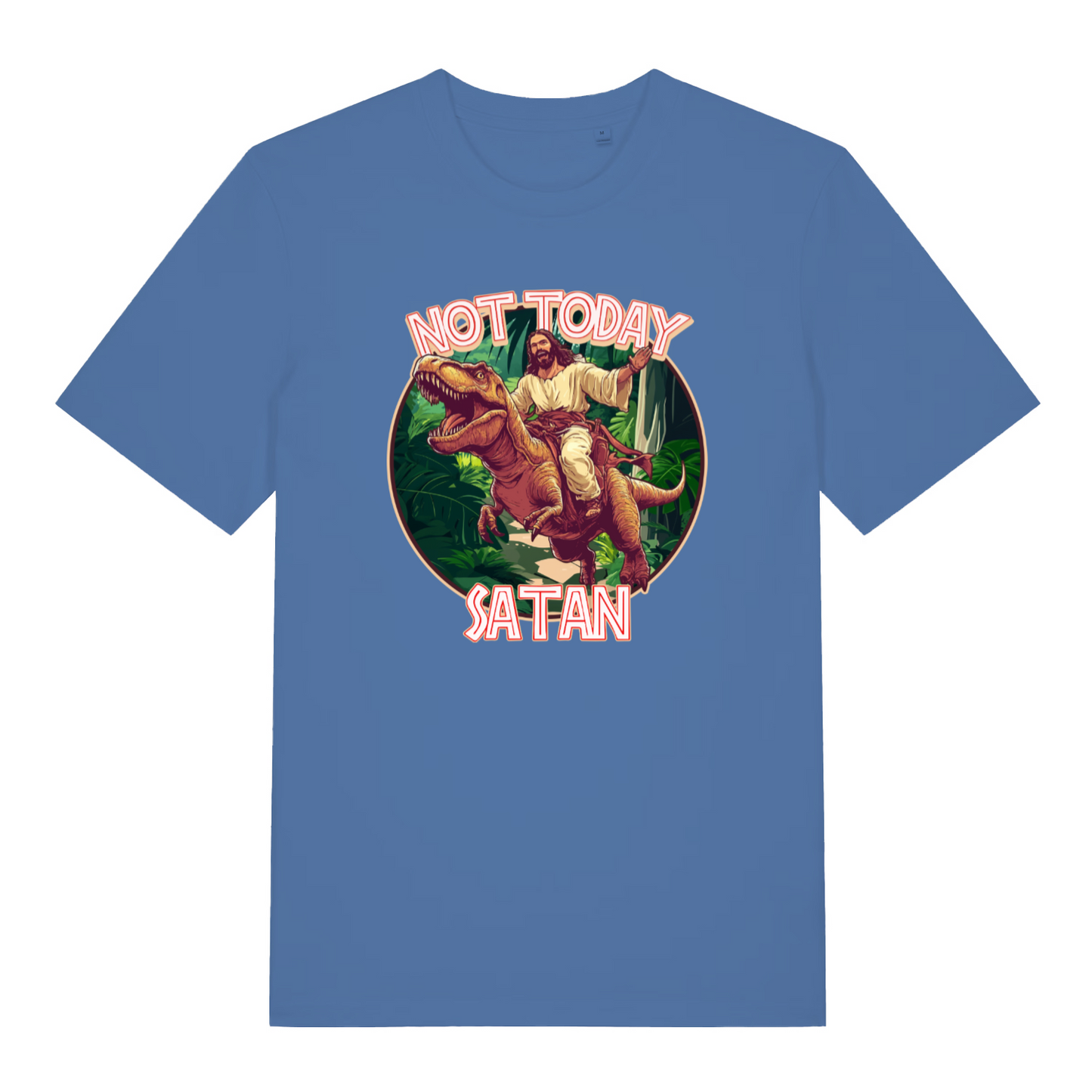 blue funny jesus t-shirt with the graphic of jesus riding a t-rex and the slogan 'not today satan'