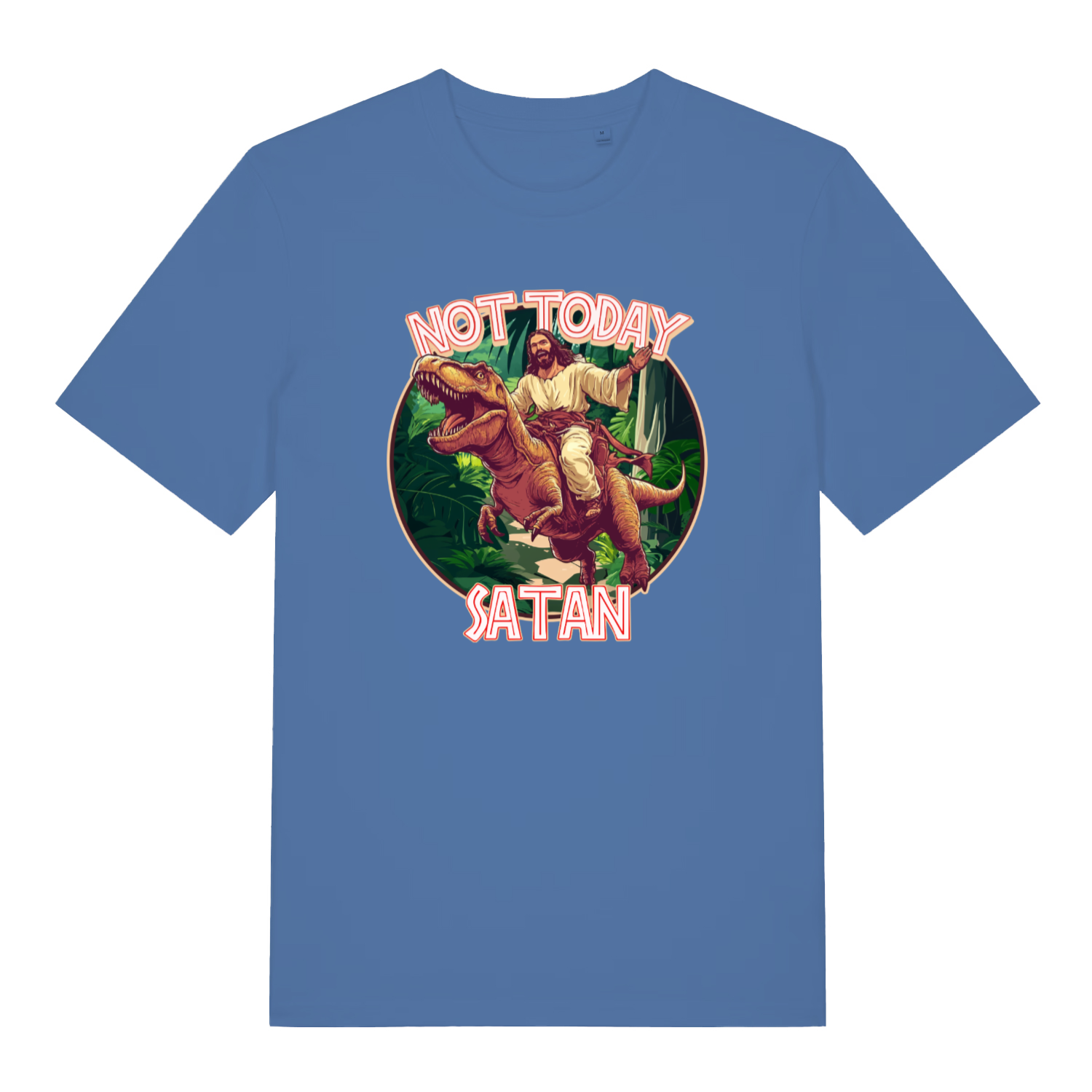 blue funny jesus t-shirt with the graphic of jesus riding a t-rex and the slogan 'not today satan'