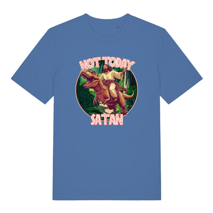 blue funny jesus t-shirt with the graphic of jesus riding a t-rex and the slogan 'not today satan'