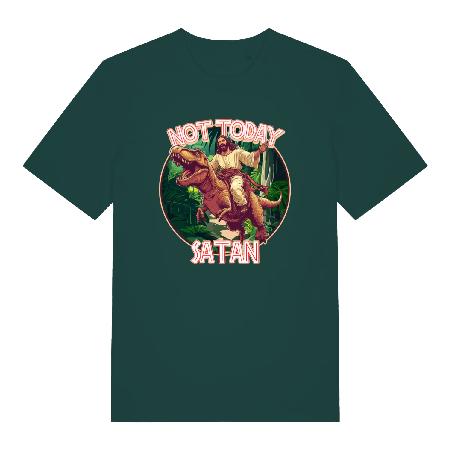 green funny jesus t-shirt with the graphic of jesus riding a t-rex and the slogan 'not today satan'