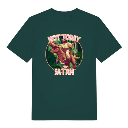 green funny jesus t-shirt with the graphic of jesus riding a t-rex and the slogan 'not today satan'