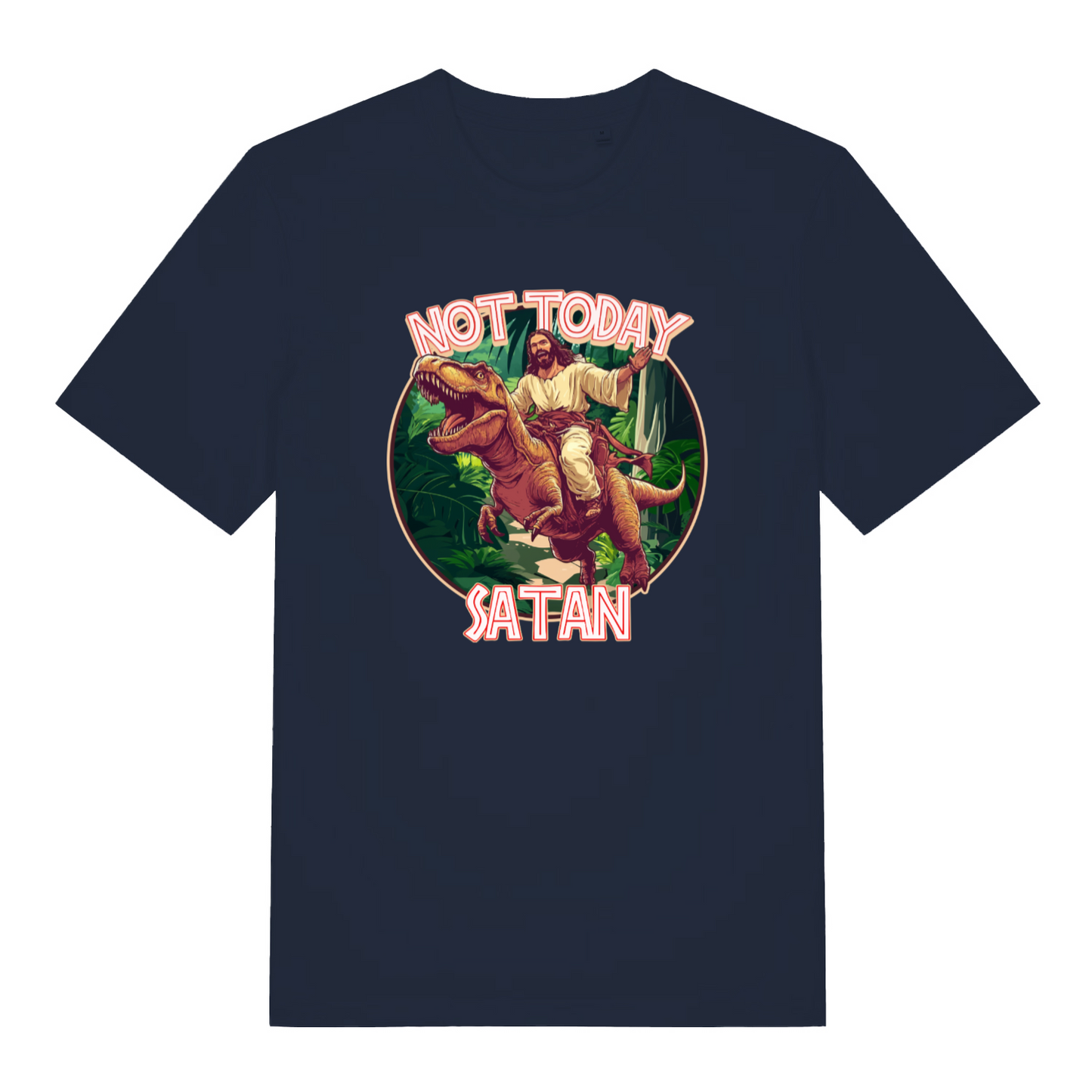 navy funny jesus t-shirt with the graphic of jesus riding a t-rex and the slogan 'not today satan'