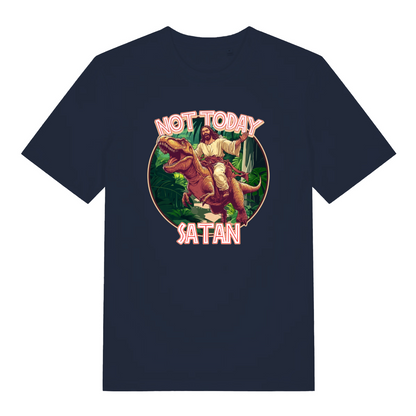 navy funny jesus t-shirt with the graphic of jesus riding a t-rex and the slogan 'not today satan'