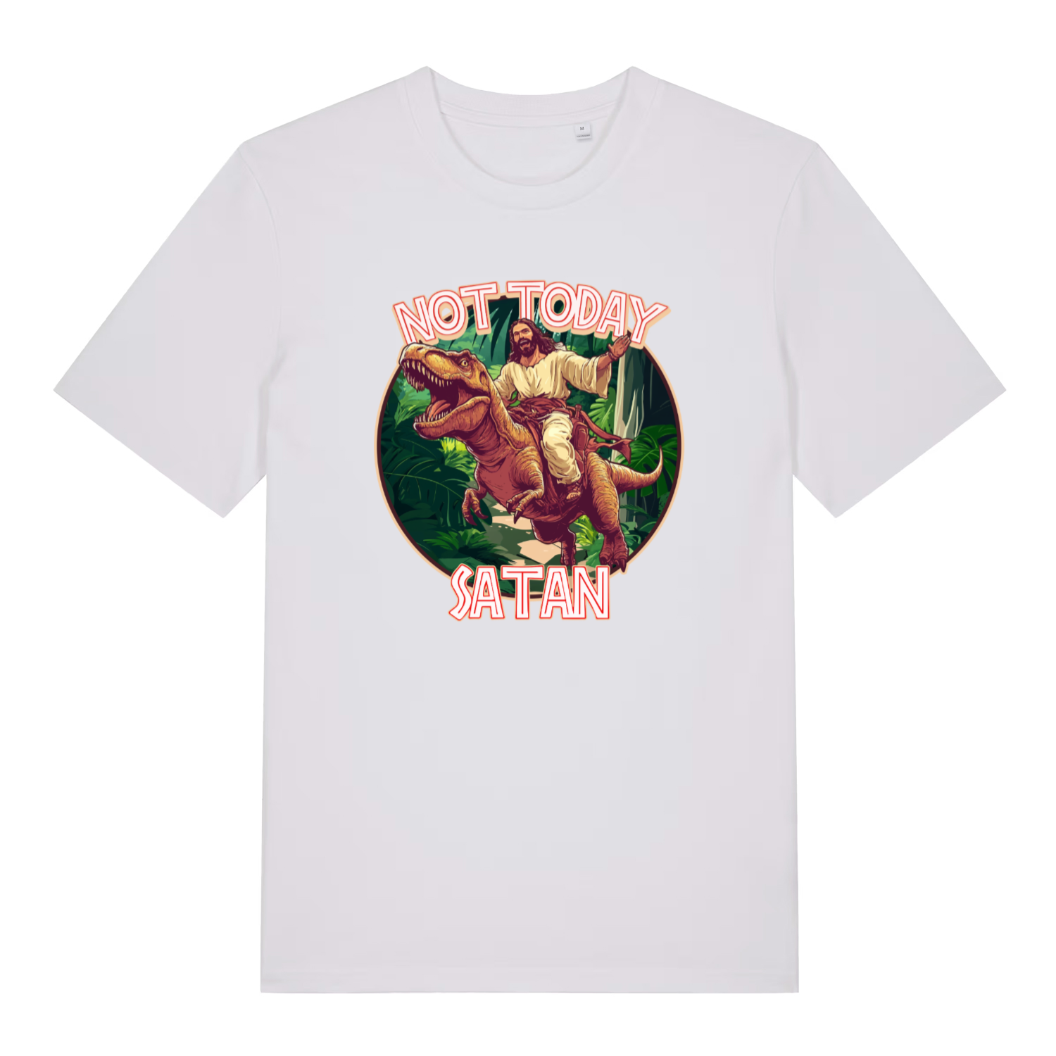 white funny jesus t-shirt with the graphic of jesus riding a t-rex and the slogan 'not today satan'