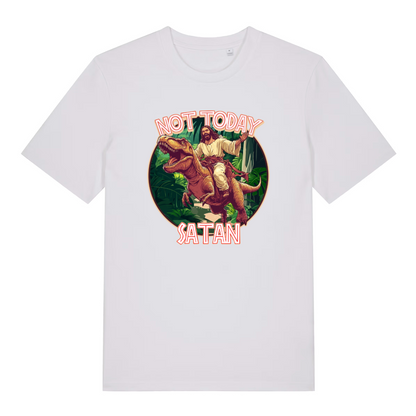 white funny jesus t-shirt with the graphic of jesus riding a t-rex and the slogan 'not today satan'