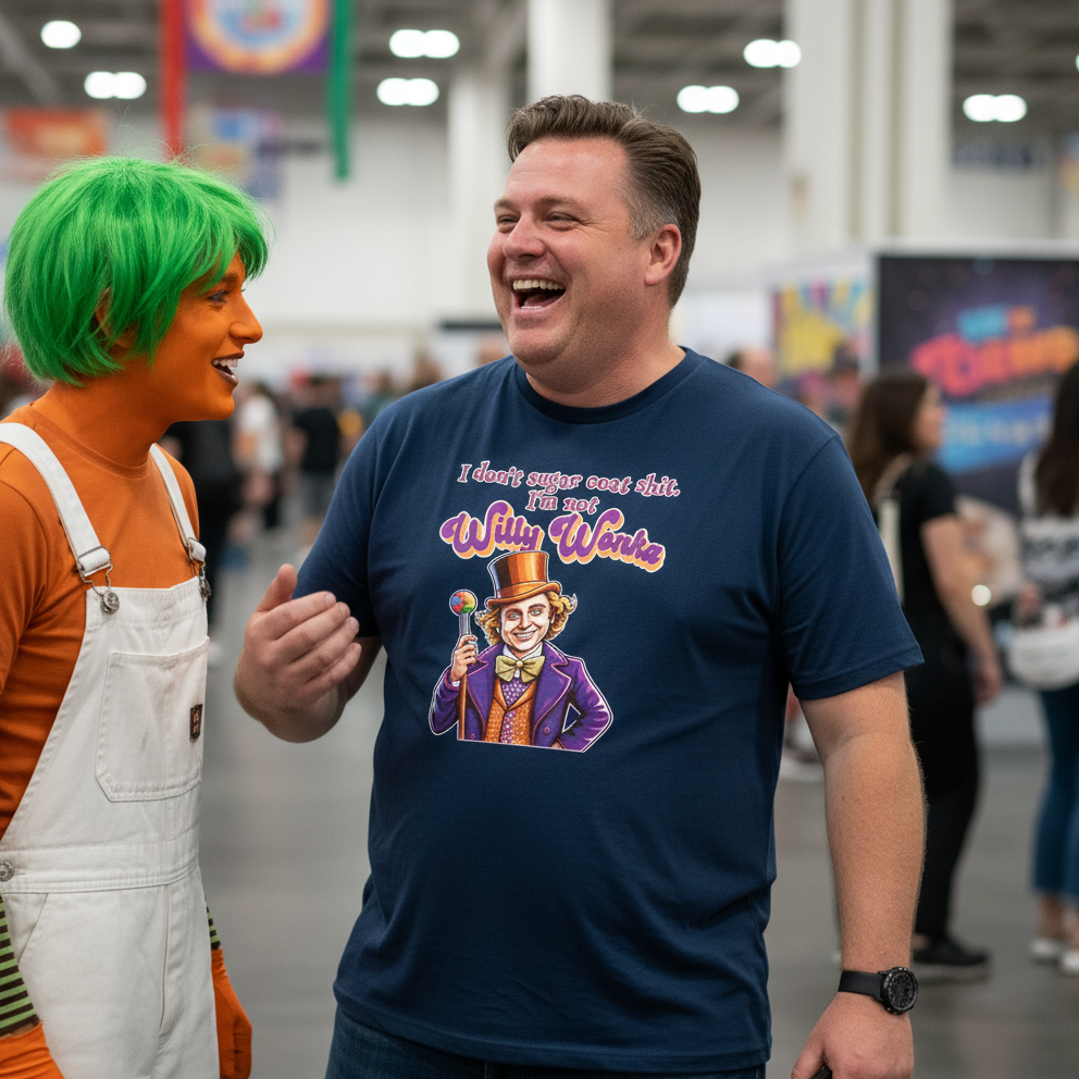 Two people, one with green hair and orange outfit, the other wearing a 'Willy Wonka' t-shirt, laughing together at an event.