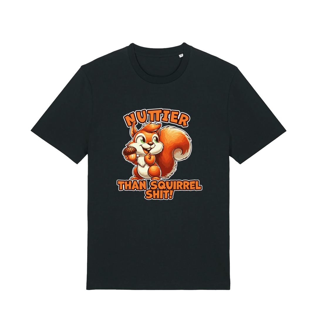 black funny animal t-shirt with the graphic of a squirrel and the slogan 'nuttier than squirrel shit'
