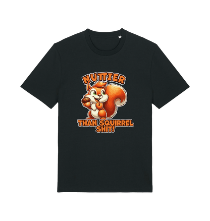 black funny animal t-shirt with the graphic of a squirrel and the slogan 'nuttier than squirrel shit'