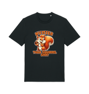 black funny animal t-shirt with the graphic of a squirrel and the slogan 'nuttier than squirrel shit'