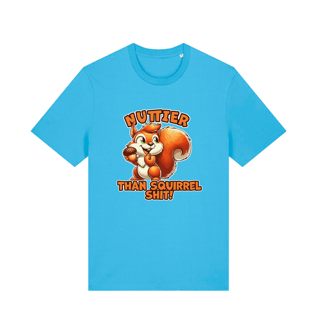 blue funny animal t-shirt with the graphic of a squirrel and the slogan 'nuttier than squirrel shit'