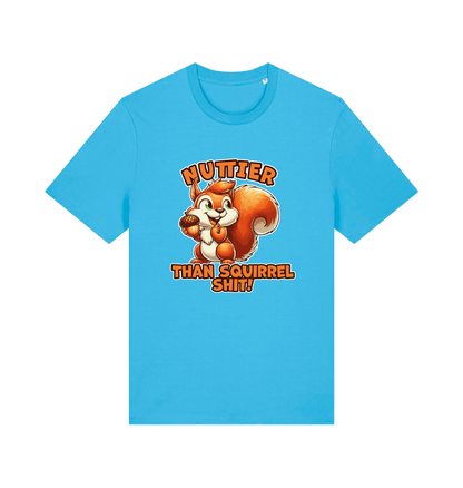 blue funny animal t-shirt with the graphic of a squirrel and the slogan 'nuttier than squirrel shit'