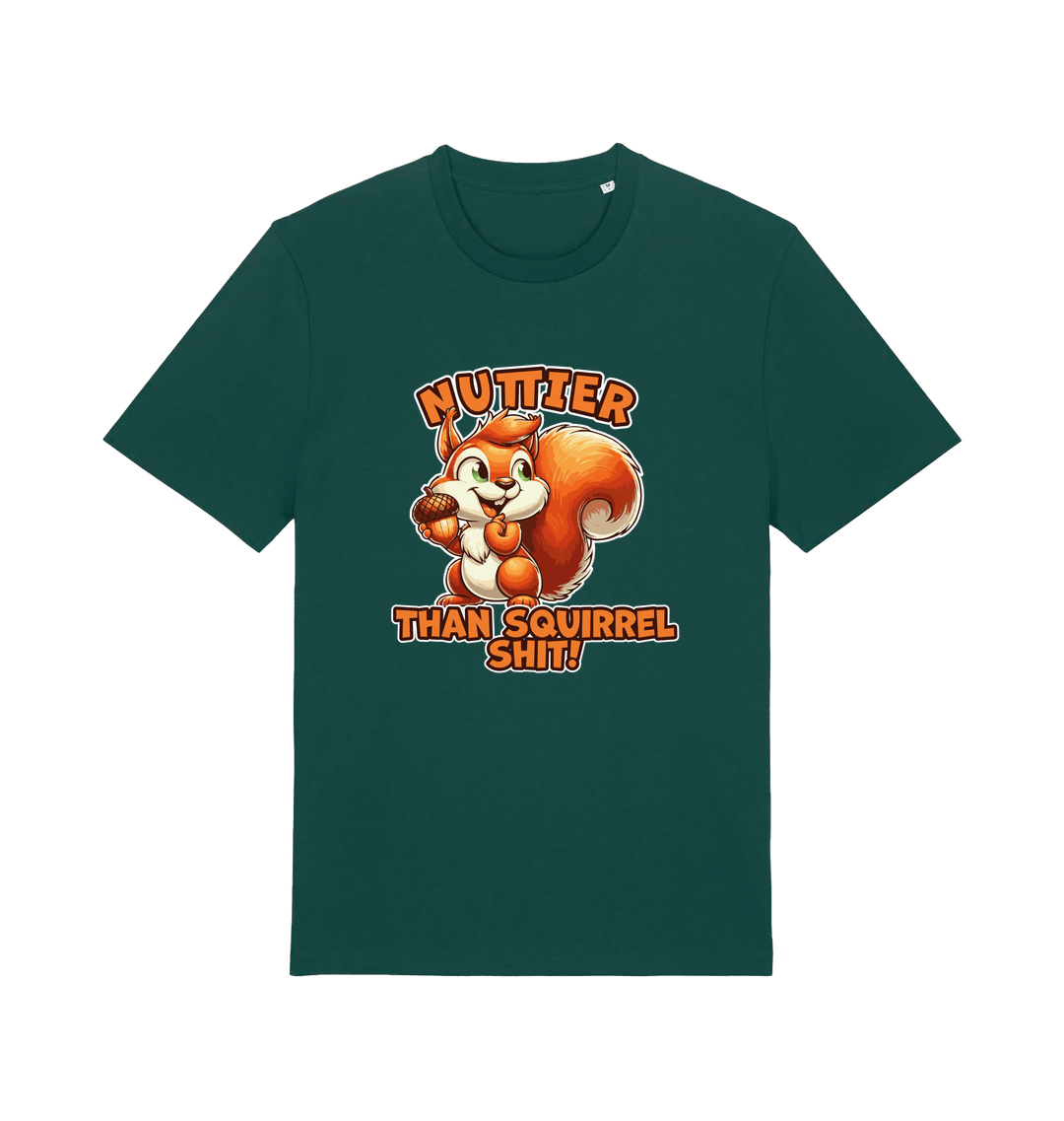 green funny animal t-shirt with the graphic of a squirrel and the slogan 'nuttier than squirrel shit'