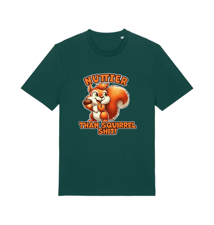 green funny animal t-shirt with the graphic of a squirrel and the slogan 'nuttier than squirrel shit'