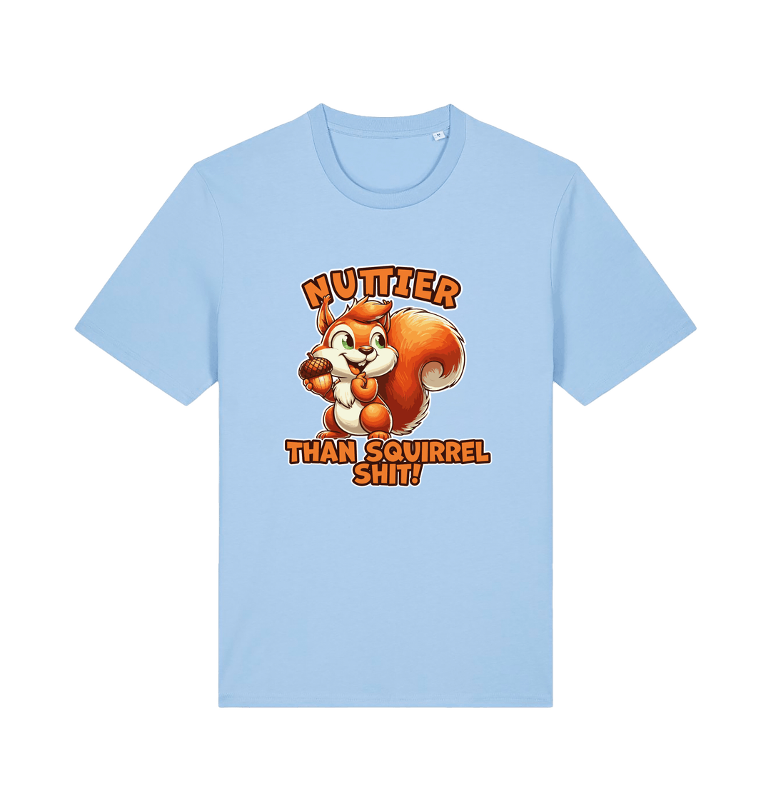 light blue funny animal t-shirt with the graphic of a squirrel and the slogan 'nuttier than squirrel shit'