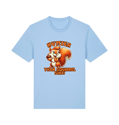 light blue funny animal t-shirt with the graphic of a squirrel and the slogan 'nuttier than squirrel shit'