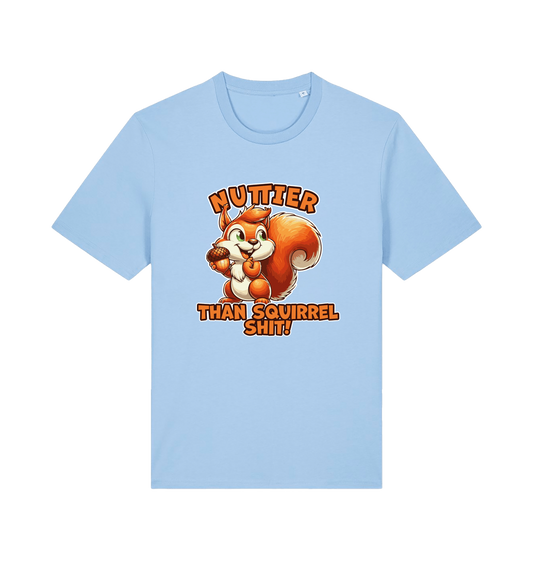 light blue funny animal t-shirt with the graphic of a squirrel and the slogan 'nuttier than squirrel shit'
