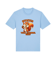 light blue funny animal t-shirt with the graphic of a squirrel and the slogan 'nuttier than squirrel shit'